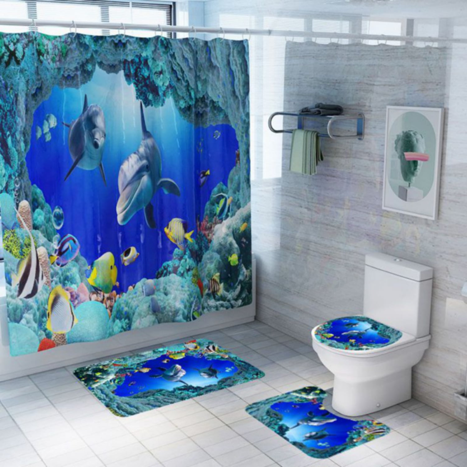  MUSEDAY 4 Piece Shower Curtain Sets Marine Life Non-Slip  Rug,Toilet Lid Cover,Bath Mat Waterproof Shower Curtain Bathroom Sets with  12 Hook Decor Cartoon Dolphins and Corals : Home & Kitchen