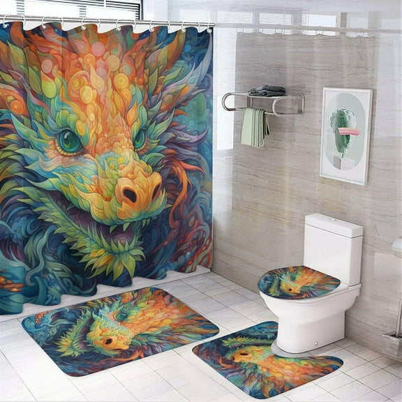 4PCS Fantasy Dragon Bathroom Set with Rugs and Toilet Lid Cover Traditional Nature Animals Vintage Waterproof Shower Curtain Set for Bathroom Decor
