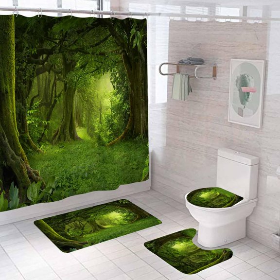 4PCS Fantasy Wonderland Shower Curtain Sets with Rugs, Green Enchanted Forest Waterfall Stream Carp Lotus Leaves Jungle Plant Botanical Nature Scenery Magic Fairy Tale Mushroom Bathroom Decor