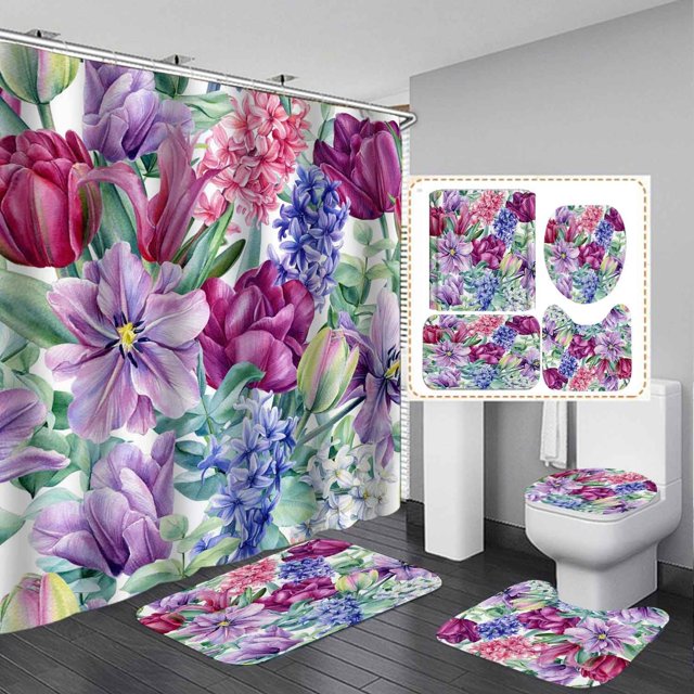 4PCS Farmhouse Cotton Flower Shower Curtain Set, Waterproof Fabric