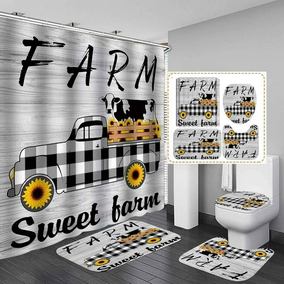 4PCS Vintage Red Farm Truck Shower Curtain Set, Antique Car Retro Pickup Truck Watercolor Flower Rustic Wooden Board Country Farmhouse Bathroom Decor, Non-Slip Bath Mat Toilet Rug, Red Car