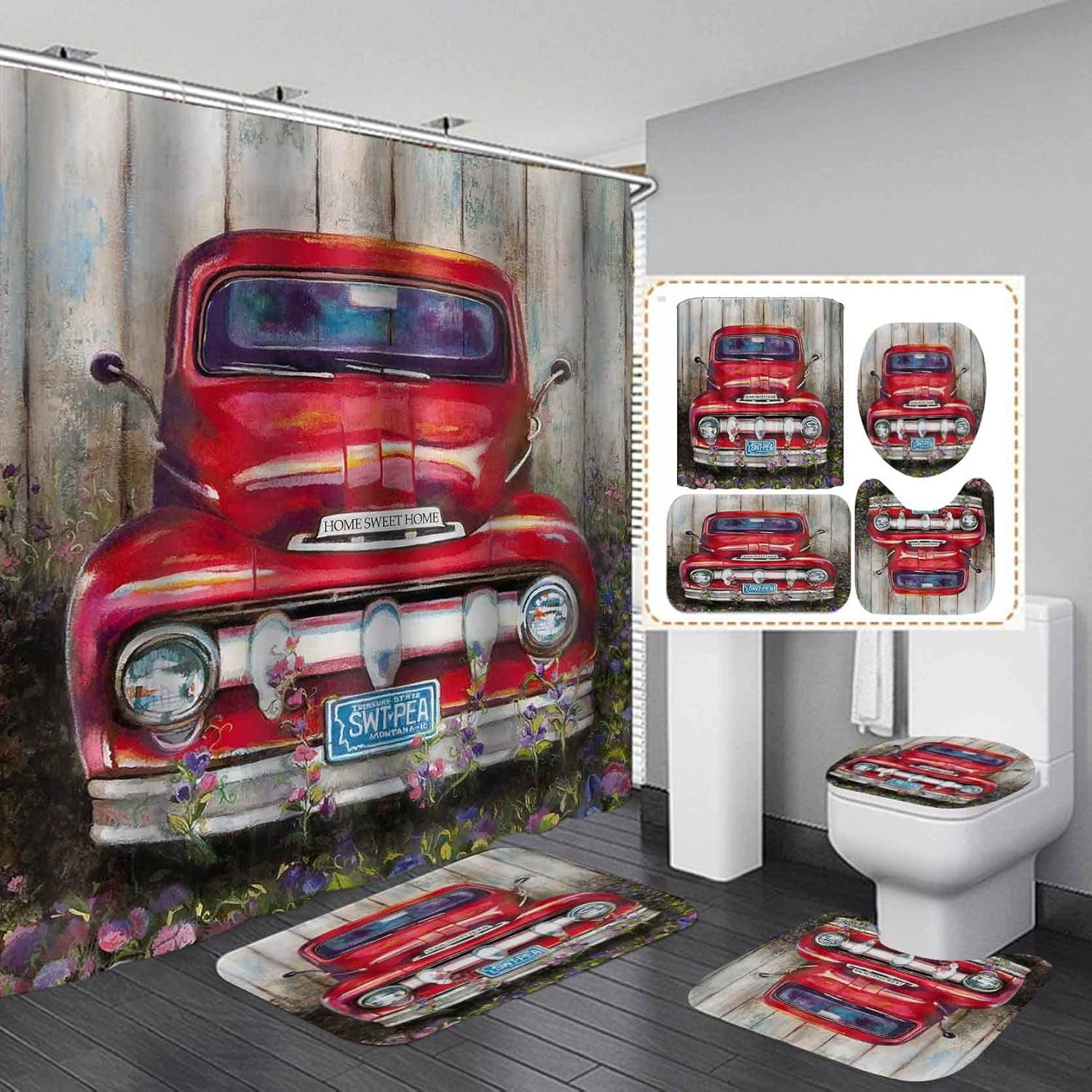 4PCS Vintage Red Farm Truck Shower Curtain Set, Antique Car Retro ...