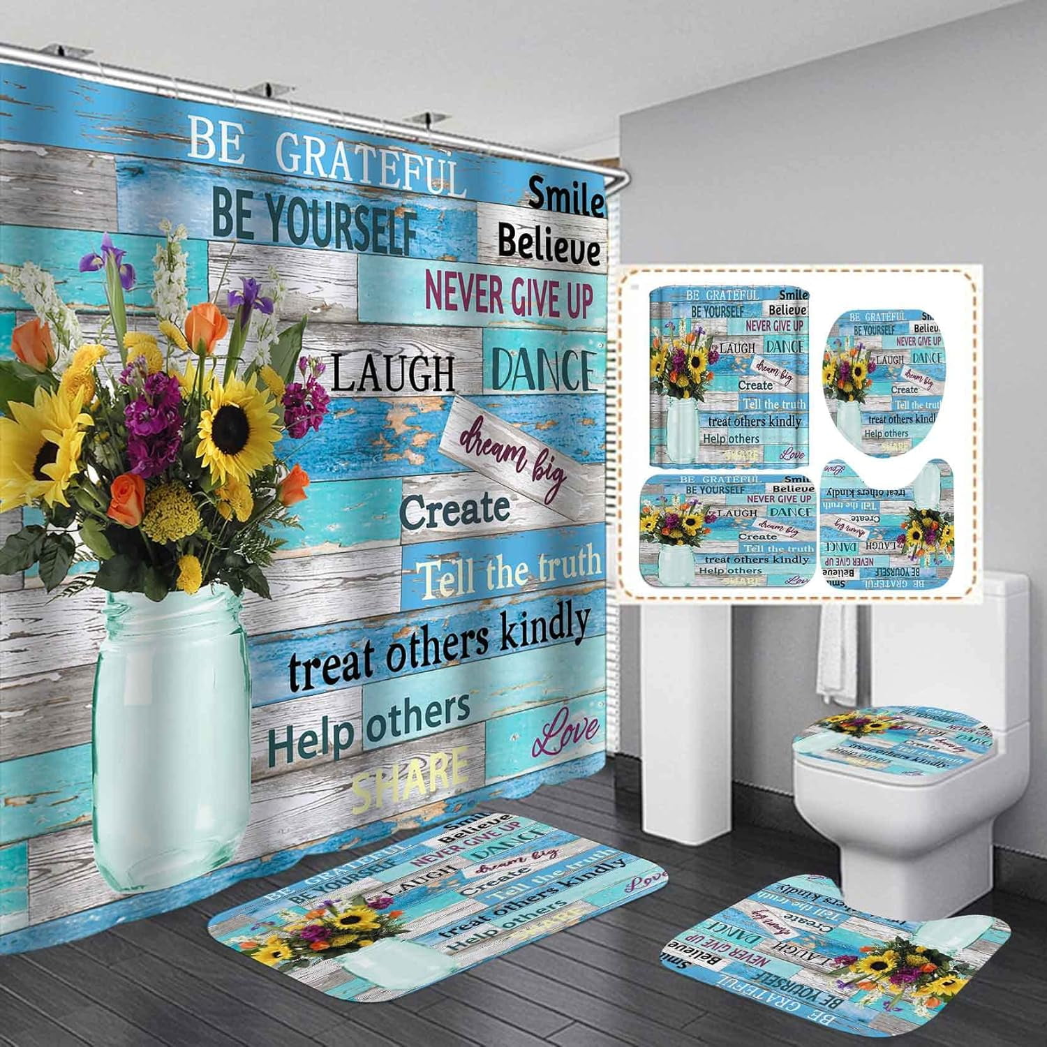 4PCS Farmhouse Shower Curtain Set, Bless This Home Cotton Flower Teal Pitcher Vase Moroccan Country Rustic Bathroom Decor, Waterproof Fabric White Shower Curtain, Non-Slip Bath Mat Toilet Rug