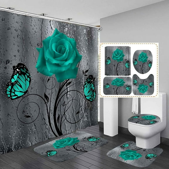 4PCS Farmhouse Shower Curtain Set, Bless This Home Cotton Flower Teal Pitcher Vase Moroccan Country Rustic Bathroom Decor, Waterproof Fabric White Shower Curtain, Non-Slip Bath Mat Toilet Rug