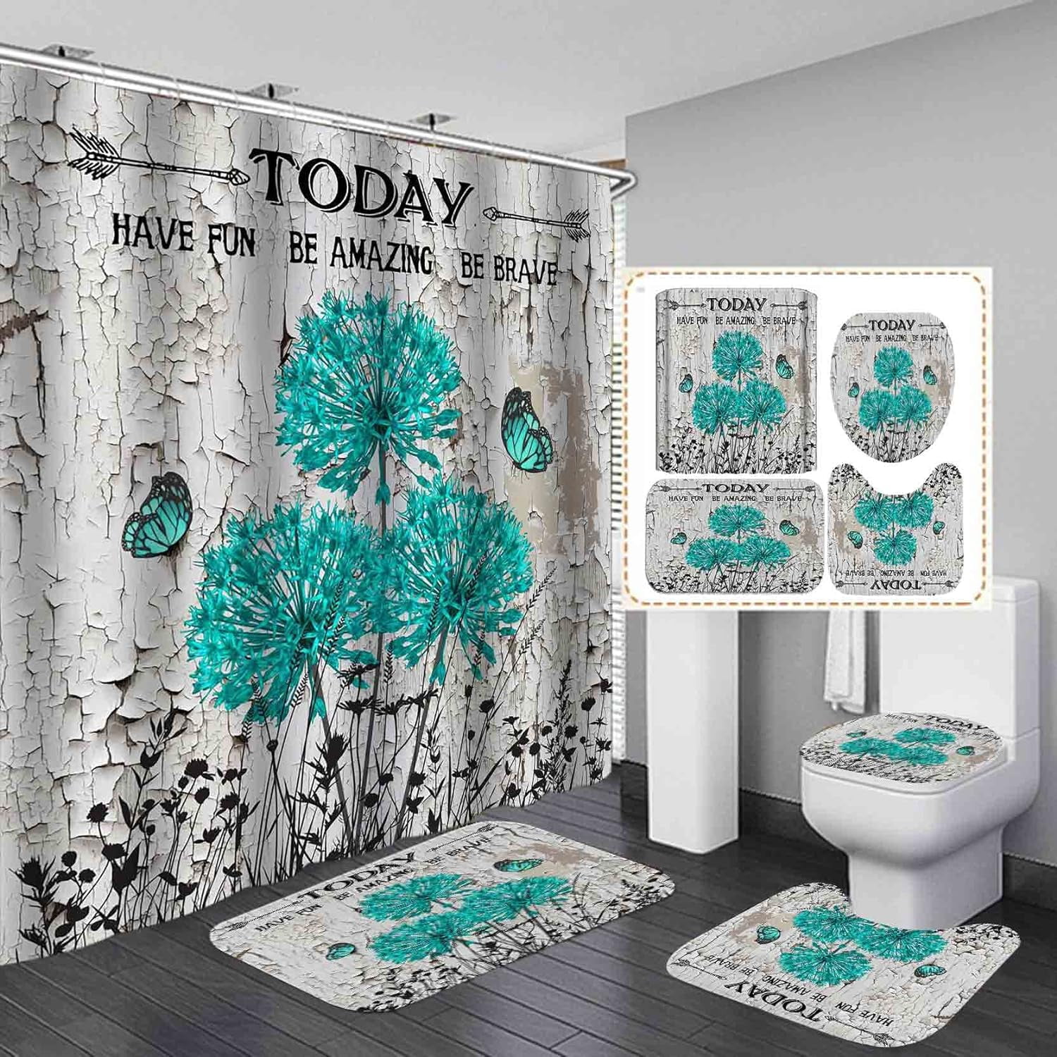 4PCS Farmhouse Shower Curtain Set, Bless This Home Cotton Flower Teal Pitcher Vase Moroccan Country Rustic Bathroom Decor, Waterproof Fabric White Shower Curtain, Non-Slip Bath Mat Toilet Rug
