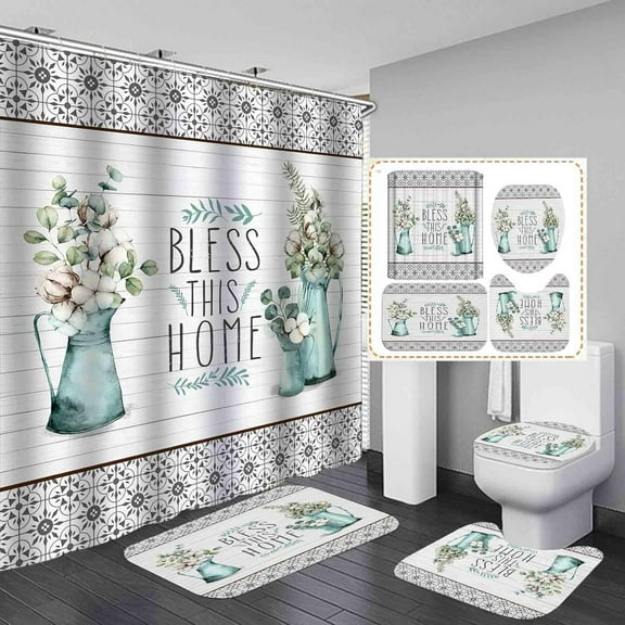 4PCS Farmhouse Shower Curtain Set, Bless This Home Cotton Flower Teal Pitcher Vase Moroccan Country Rustic Bathroom Decor, Waterproof Fabric White Shower Curtain, Non-Slip Bath Mat Toilet Rug