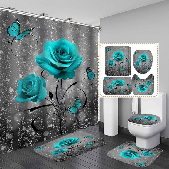 4PCS Farmhouse Shower Curtain Set, Bless This Home Cotton Flower Teal Pitcher Vase Moroccan Country Rustic Bathroom Decor, Waterproof Fabric White Shower Curtain, Non-Slip Bath Mat Toilet Rug