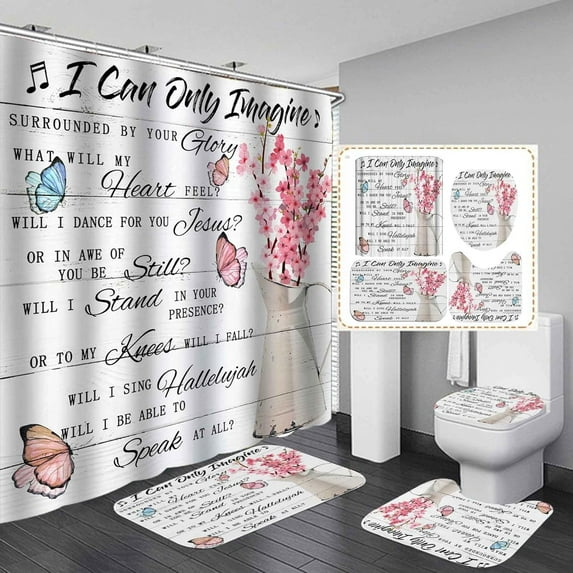 4PCS Farmhouse Shower Curtain Set, Bless This Home Cotton Flower Teal Pitcher Vase Moroccan Country Rustic Bathroom Decor, Waterproof Fabric White Shower Curtain, Non-Slip Bath Mat Toilet Rug