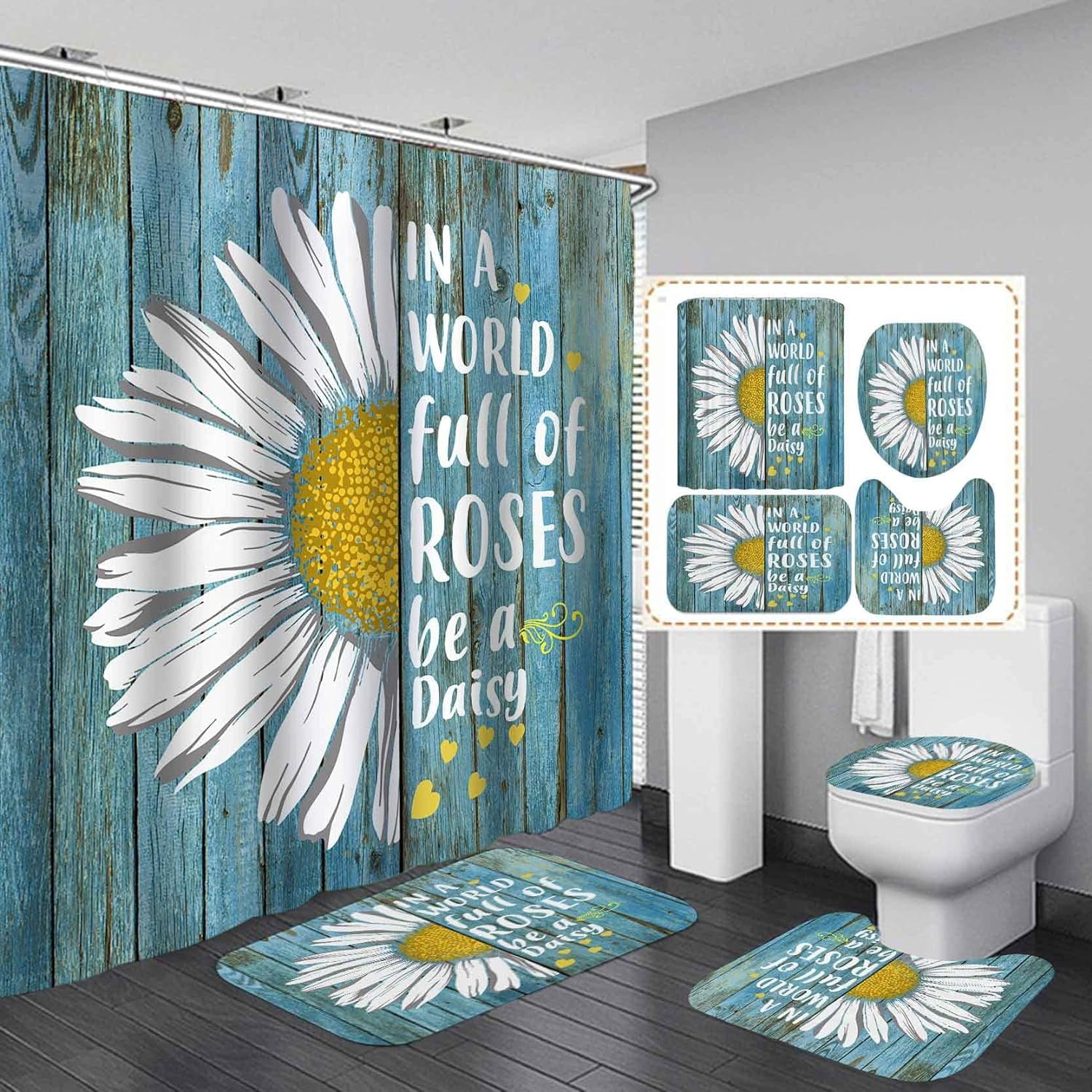 4PCS Farmhouse Shower Curtain Set, Bless This Home Cotton Flower Teal Pitcher Vase Moroccan Country Rustic Bathroom Decor, Waterproof Fabric White Shower Curtain, Non-Slip Bath Mat Toilet Rug