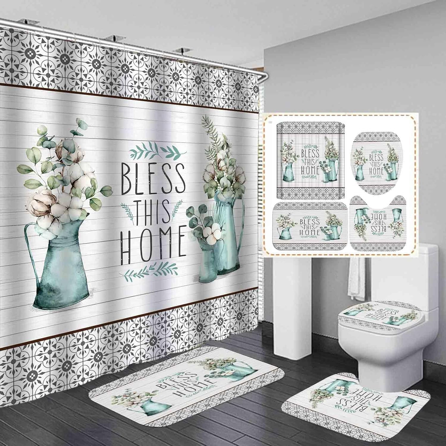 4PCS Farmhouse Shower Curtain Set, Bless This Home Cotton Flower Teal Pitcher Vase Moroccan ...