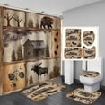thumbnail image 1 of 4PCS Farmhouse Shower Curtain Set, Country Vintage Wood Plank Woodland Wild Animal Hunting Lodge Black Bear Elk Moose Deer Birds Cabin Rustic Bathroom Decor, Non-Slip Bath Mat, Pine Tree, 1 of 7