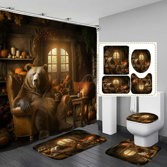 4PCS Deer Shower Curtain Set, Country Mountain Pine Tree Foggy Woodland Elk Birds Wildlife Animals Hunting Lake Cabin Rustic Farmhouse Bathroom Decor, Non-Slip Bath Mat, Crescent Moon