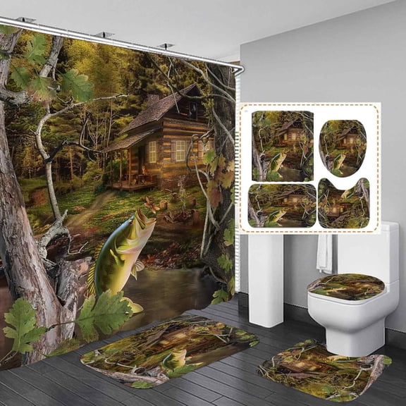 4PCS Farmhouse Shower Curtain Set, Fishing Bass Fish Owl Bear Deer Hunting Wildlife Animal Pine Tree Forest Woodland Camo Rustic Country Cabin Bathroom Decor, Non-Slip Bath Mat Toilet Rug