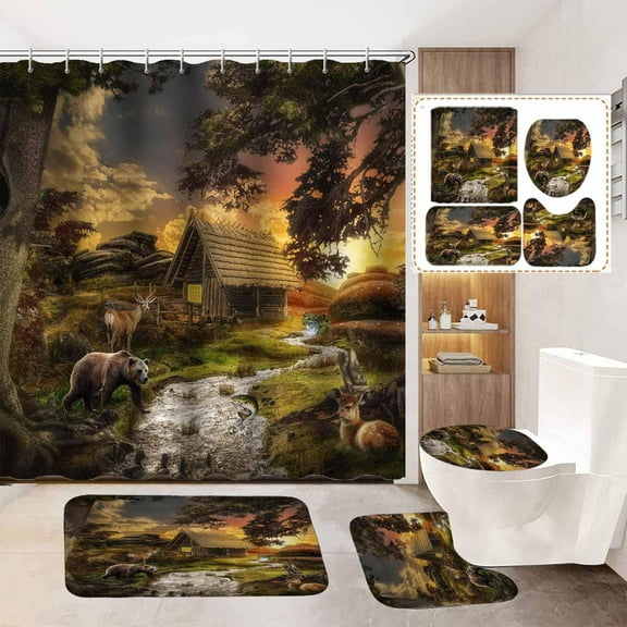 4PCS Farmhouse Shower Curtain Set, Fishing Bass Fish Owl Bear Deer Hunting Wildlife Animal Pine Tree Forest Woodland Camo Rustic Country Cabin Bathroom Decor, Non-Slip Bath Mat Toilet Rug