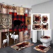 4PCS Farmhouse Shower Curtain Set, Fishing Bass Fish Owl Bear Deer Hunting Wildlife Animal Pine Tree Forest Woodland Camo Rustic Country Cabin Bathroom Decor, Non-Slip Bath Mat Toilet Rug