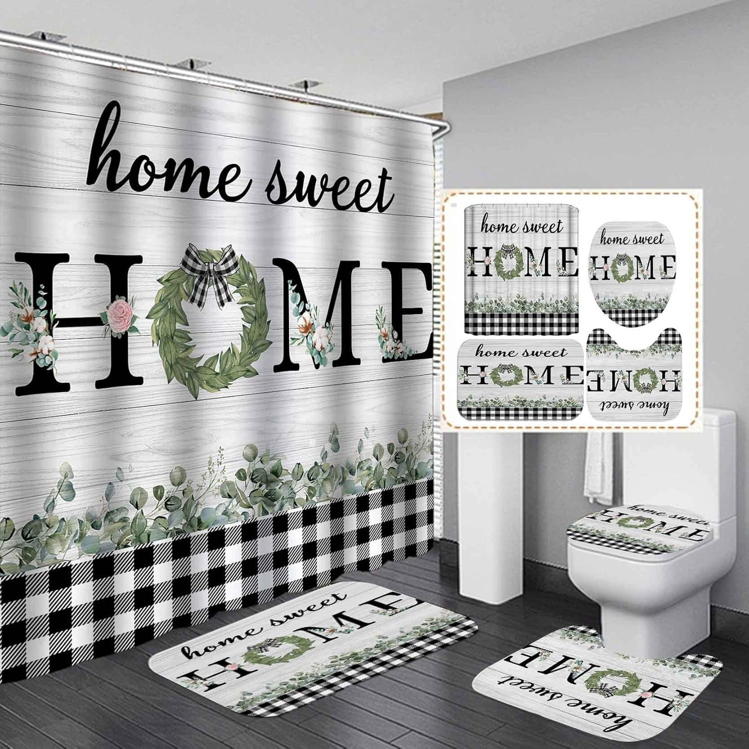 4PCS Farmhouse Shower Curtain Set, Home Sweet Home Black and White ...