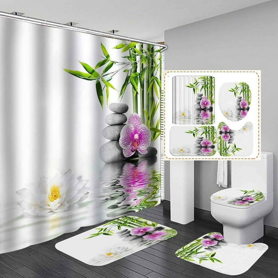 4PCS Farmhouse Shower Curtain Set, Home Sweet Home Black and White Buffalo Plaid Floral Wreath Green Plant Leaves Botanical Lemon Fruit Country Rustic Bathroom Decor, Non-Slip Bath Mat