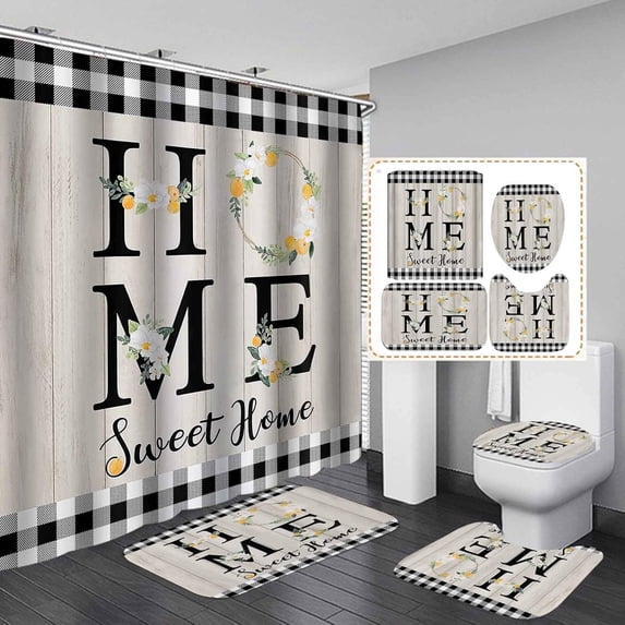 4PCS Farmhouse Shower Curtain Set, Home Sweet Home Black and White Buffalo Plaid Floral Wreath Green Plant Leaves Botanical Lemon Fruit Country Rustic Bathroom Decor, Non-Slip Bath Mat