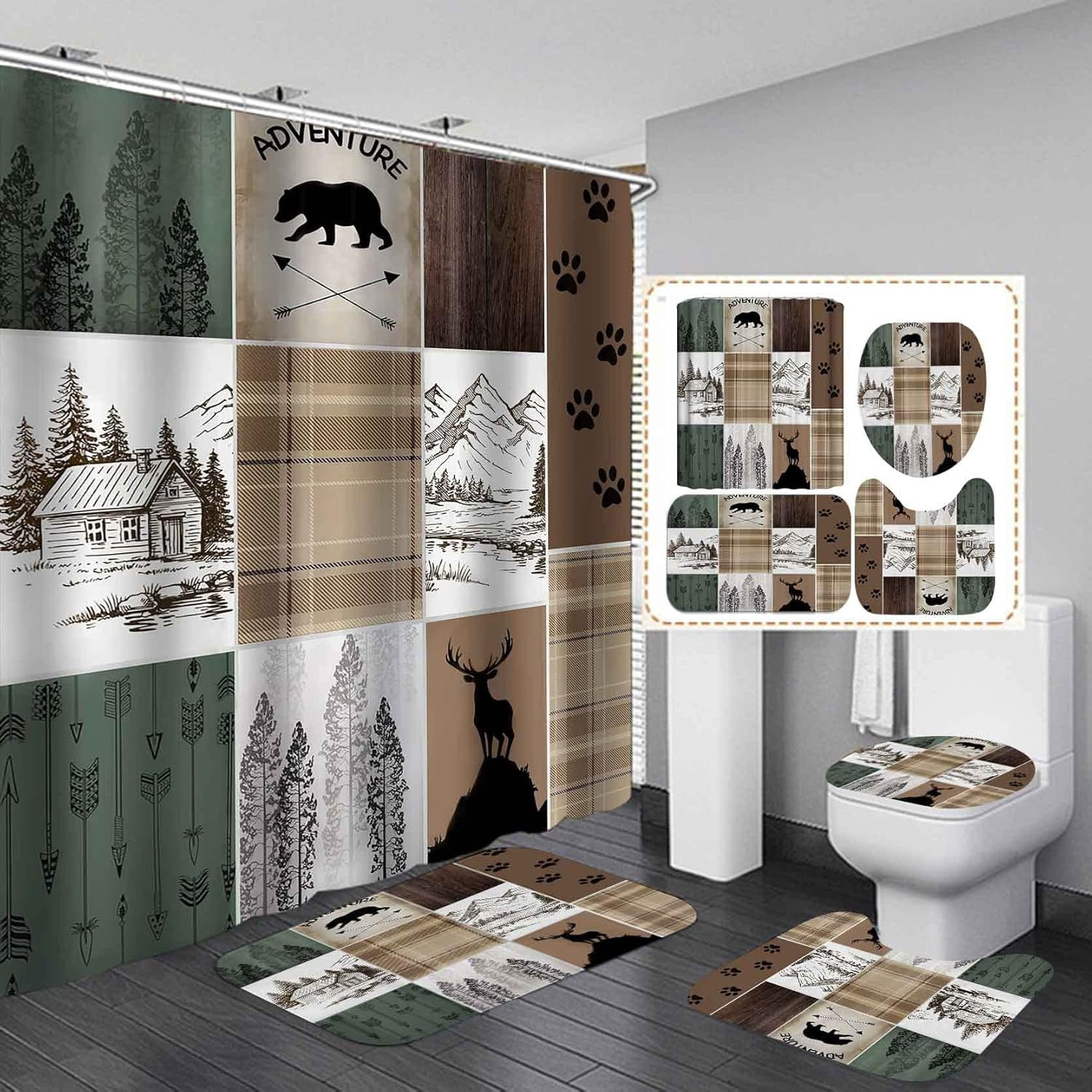 4PCS Farmhouse Shower Curtain Set, Pine Tree Forest Deer Elk Moose Wildlife Hunting Cabin Lodge ...
