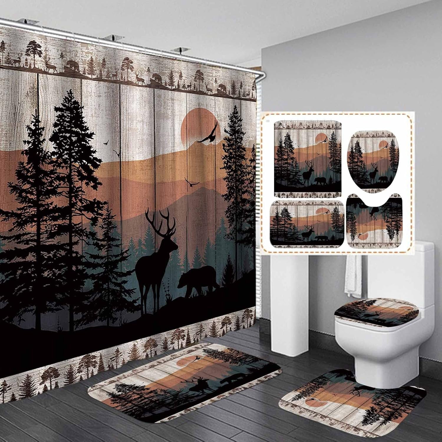 4PCS Farmhouse Shower Curtain Set with Rugs, Black Bear Deer Elk Moose Wolf Rabbit Wildlife ...