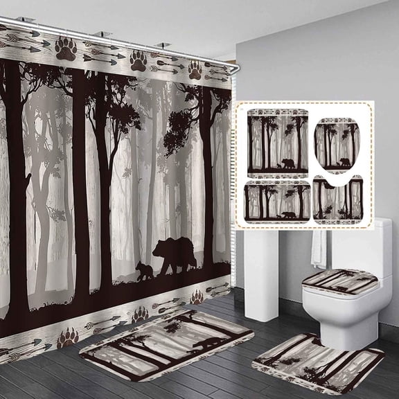 4PCS Farmhouse Shower Curtain Set with Rugs, Vintage Patchwork Brown Buffalo Plaid Bear Deer Elk Moose Wildlife Animal Hunting Cabin Forest Woodland Country Rustic Bathroom Decor, Adventure