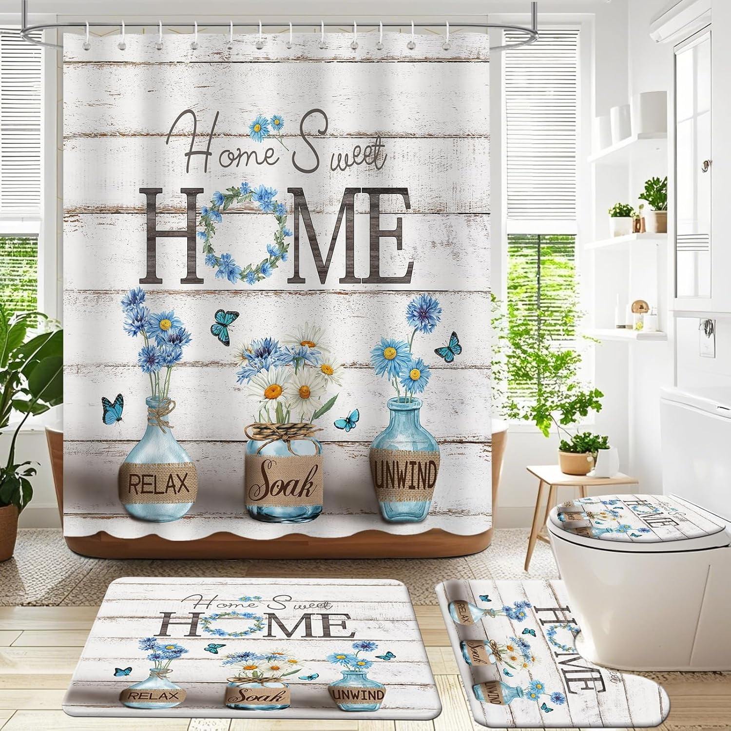 4PCS Farmhouse Shower Curtain Sets for Bathroom, Green Eucalyptus Rustic Bathroom Set with Shower Curtain and Rugs, Country Style Home Sweet Home Vintage Bathroom Decor Accessories