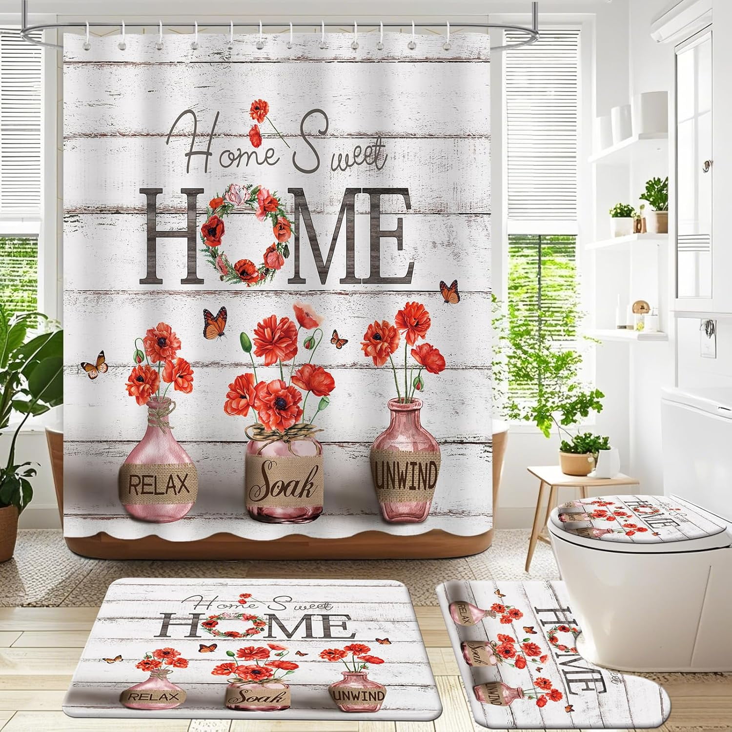4PCS Farmhouse Shower Curtain Sets for Bathroom, Green Eucalyptus Rustic Bathroom Set with Shower Curtain and Rugs, Country Style Home Sweet Home Vintage Bathroom Decor Accessories