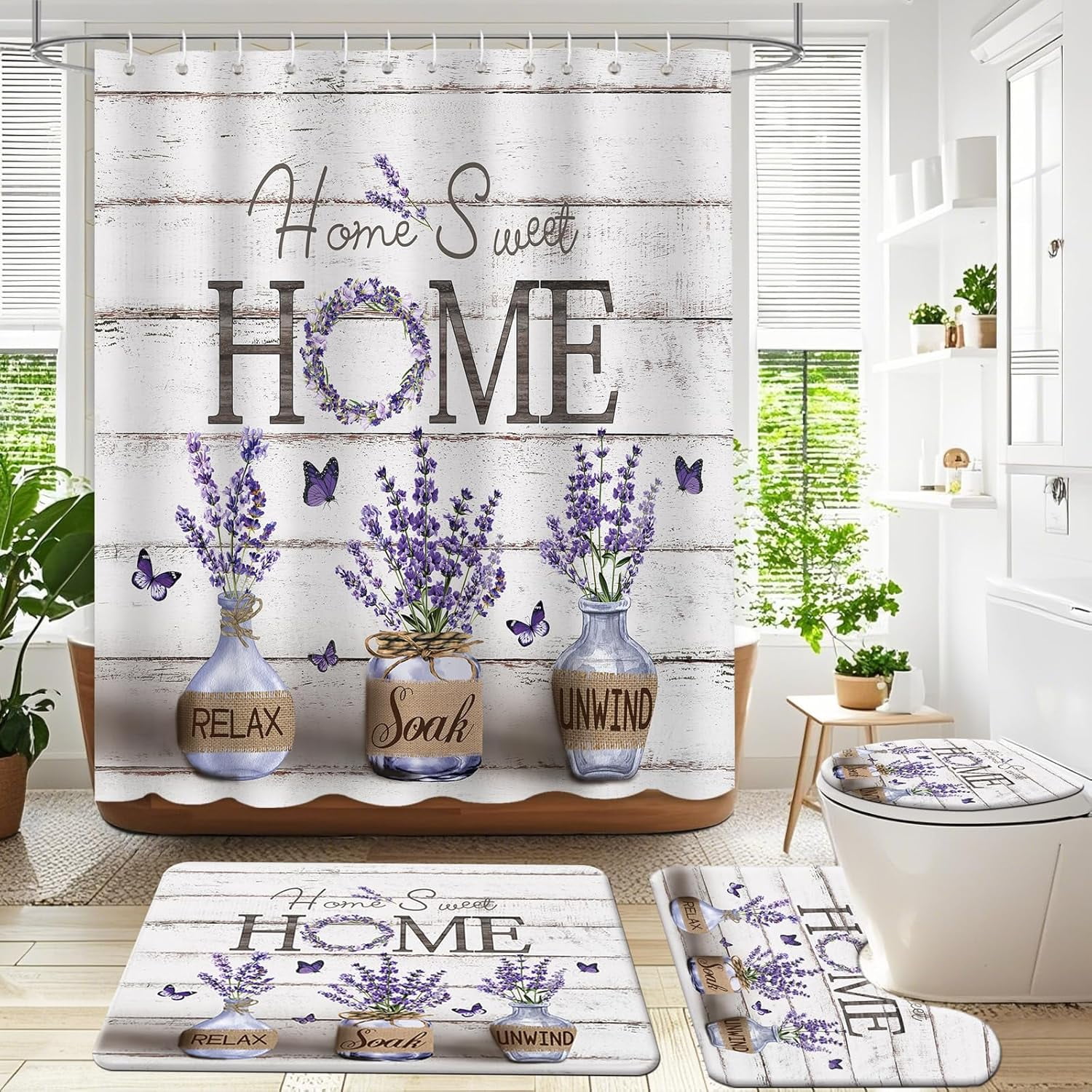 4PCS Farmhouse Shower Curtain Sets for Bathroom, Green Eucalyptus Rustic Bathroom Set with Shower Curtain and Rugs, Country Style Home Sweet Home Vintage Bathroom Decor Accessories