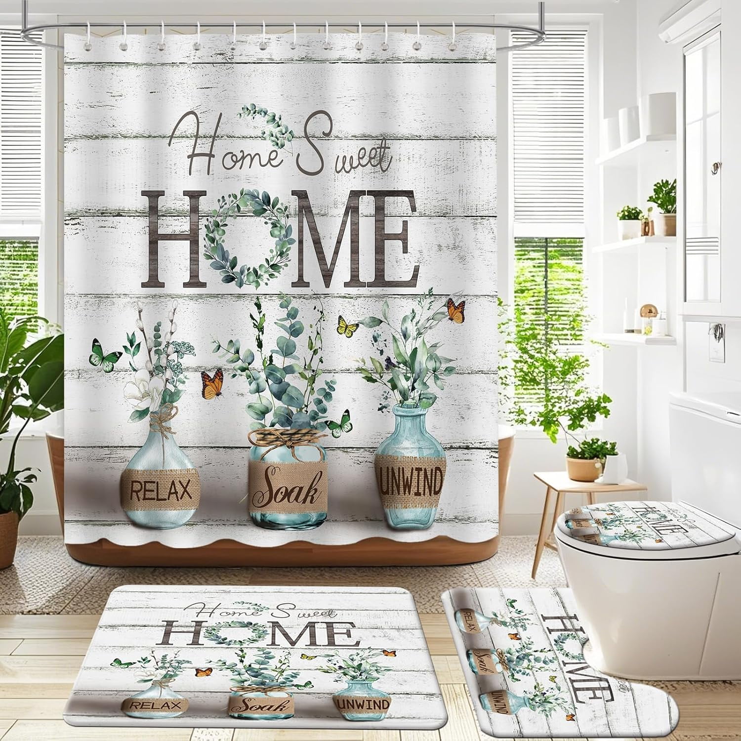 4PCS Farmhouse Shower Curtain Sets for Bathroom, Green Eucalyptus Rustic Bathroom Set with Shower Curtain and Rugs, Country Style Home Sweet Home Vintage Bathroom Decor Accessories