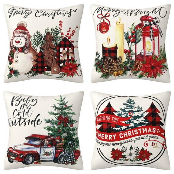 4PCS Farmhouse Vintage Christmas Decorative Throw Pillow Covers, Christmas Tree Merry Christmas Snowman Wreath Cushion Covers Pillowcase for Outdoor Home Couch