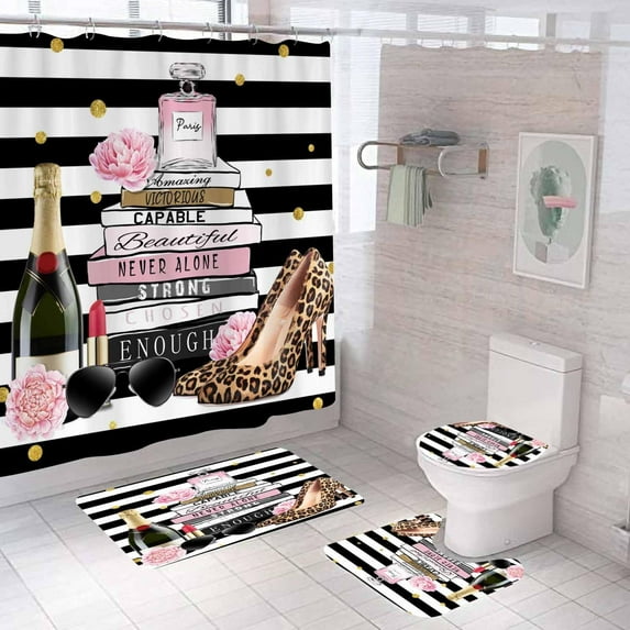4PCS Fashion Shower Curtain Sets With Rugs, Inspirational Quotes Motivational Pink Bow Bowknot High Heels Rose Floral Leaves Books Lipstick Perfume Makeup Black Bag Modern Girly Bathroom Decor