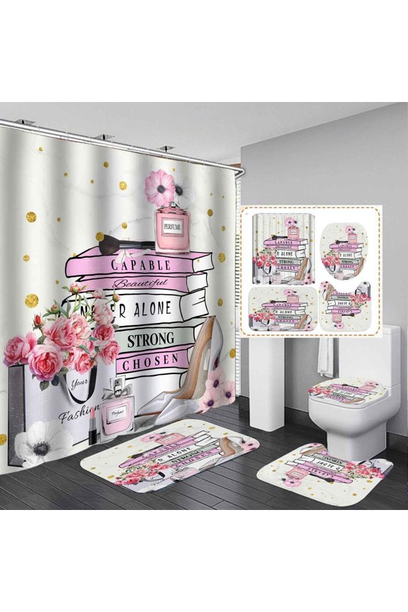4PCS Fashion Shower Curtain Sets with Rugs, Waterproof Fabric Shower Curtain, Inspirational Quotes Magazines Pink Floral Perfume Makeup Modern Black and White Striped Girl Woman Bathroom Decor