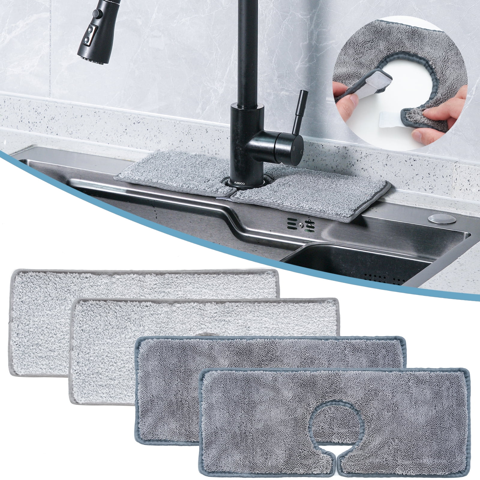 4PCS Faucet Absorbent Mat for Kitchen Sink,Kitchen Sink Splash Guard with Negative Side