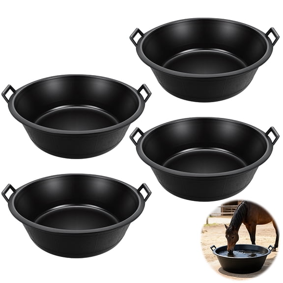 4PCS Feeder Pans Circular Industrial Pan Black Feed Pan with Handles Horse Feeder Heavy Duty Large Bucket Pan for Cement Sand Concrete Container Horse Goat Feeding