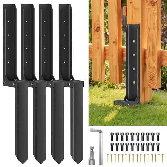 Heavy Duty Fence Post Repair Kit,4 Pack Metal Fence Post Anchor & Stake for Tilted,Broken or Rotting Wooden Posts,Ground Support Bracket with Screws