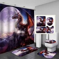 4PCS Fire Dragon Shower Curtain Set, Waterproof Fabric Shower Curtain, Non-Slip Bath Mat Bathroom Rugs, Red Floral Castle Flame Fantasy Magic Animal Medieval Creature Mythical Bathroom Decor