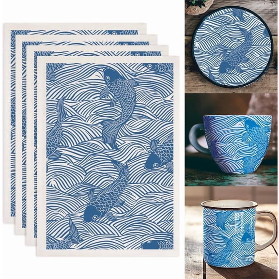 4PCS Fish and Waves Underglaze Transfers for Pottery Chinese Style Transfer Stickers Ceramic Decals Ceramic Underglaze Transfers for Pottery Overglaze Enamel Decal Waterslide Decal