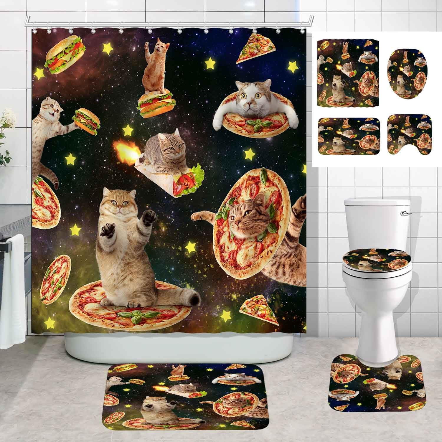 4PCS Fishing Cat Shower Curtain Set, Funny Kitten Kitty Boat Tropical Fish Marine Life Seaweed Coral Blue Ocean Sea Kids Bathroom Decor, Waterproof Fabric Shower Curtain, Non-Slip Bath Mat