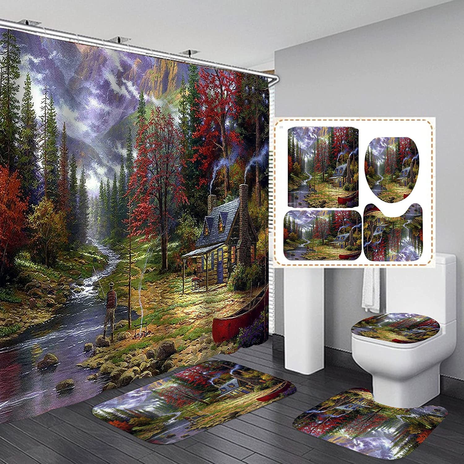 4PCS Fishing Shower Curtain Pine Tree Woodland Foggy Mountain River