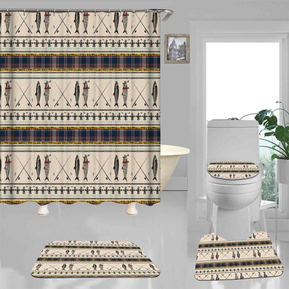 4PCS Fishing Shower Curtain Sets with Rugs, Waterproof Fabric Shower Curtain, Green Camo Camouflage White Fishbone Bass Fish Hunting Teen Boys Bathroom Decor, Fishing Gifts for Men Husband