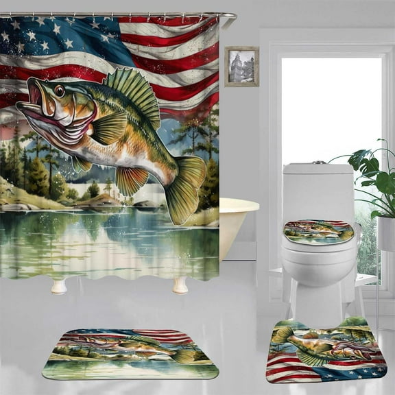 4PCS Fishing Shower Curtain Sets with Rugs, Bass Fish Shower Curtain, Waterproof Fabric Shower Curtain, Cabin Lodge Hunting Country Rustic Farmhouse Husband Men Bathroom Decor, Fishing Gifts