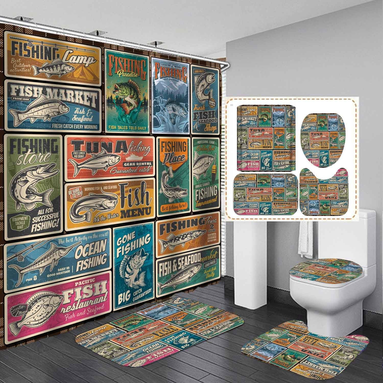 4PCS Fishing Shower Curtain Sets with Rugs, Bass Fish Shower Curtain ...