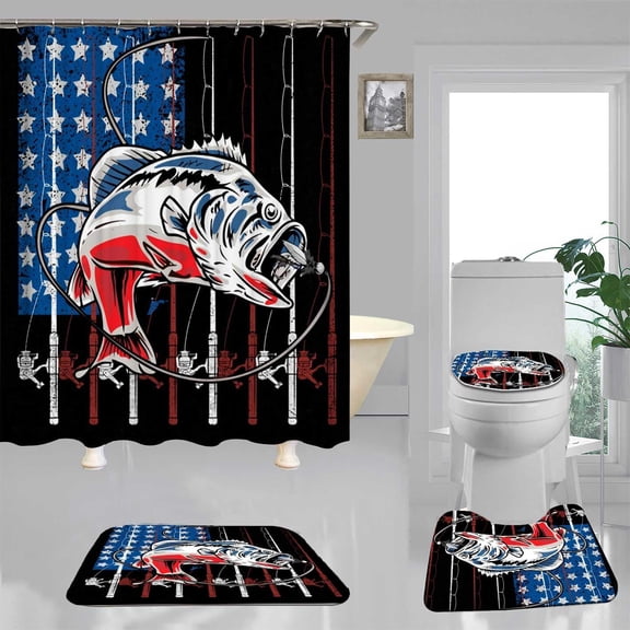 4PCS Fishing Shower Curtain Sets with Rugs, Waterproof Fabric Shower Curtain, Green Camo Camouflage White Fishbone Bass Fish Hunting Teen Boys Bathroom Decor, Fishing Gifts for Men Husband