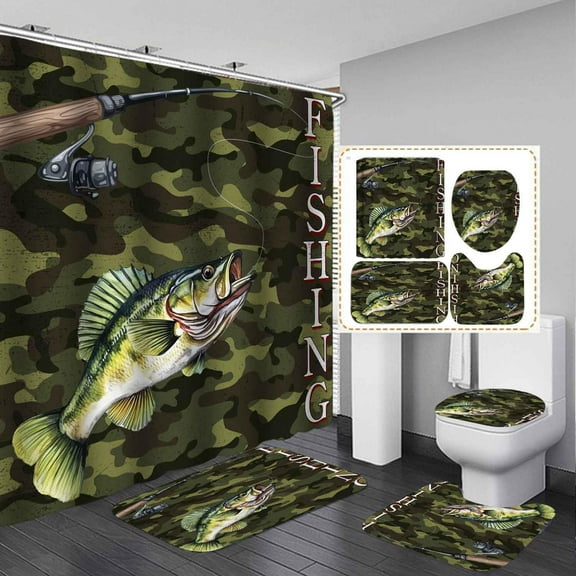 4PCS Fishing Shower Curtain Sets with Rugs, Waterproof Fabric Shower Curtain, Green Camo Camouflage White Fishbone Bass Fish Hunting Teen Boys Bathroom Decor, Fishing Gifts for Men Husband