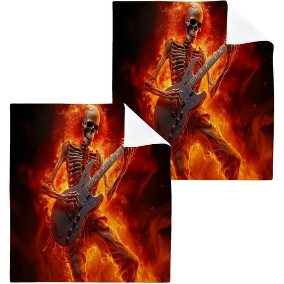 4PCS Flame Skull Playing Guitar Towels Cotton Washcloths Set,Quick Drying & Absorbent Soft Bathroom Hand Towel Lightweight & Portable Fingertip Towel Decor Gift