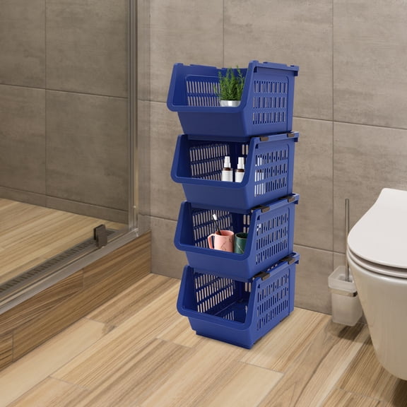 4PCS Floor Standing Stacking Storage Baskets Multifunctional Stackable Storage Bins Blue with Telescopic Buckles