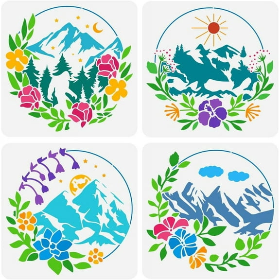 4PCS Floral Mountain Painting Stencil Set - 11.8x11.8 inch Nature Landscape Painting Template for Wall Wood DIY Home Decor colorful