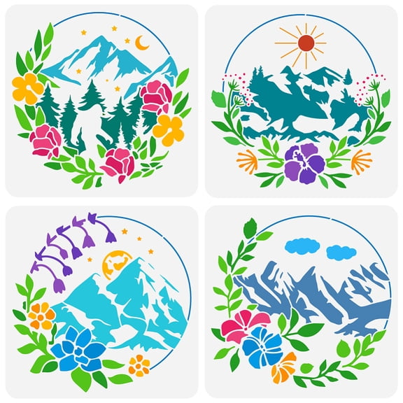 4PCS Floral Mountain Painting Stencil Set - 11.8x11.8 inch Nature Landscape Painting Template for Wall Wood DIY Home DecorDIY