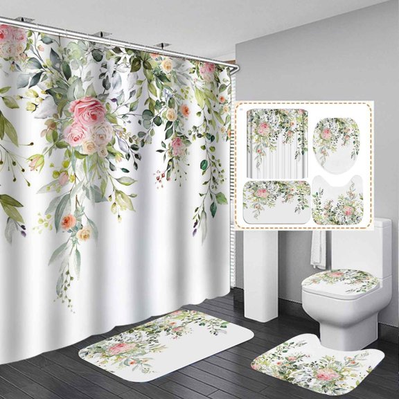 4PCS Floral Shower Curtain Sets with Rugs, Bird Shower Curtain, Waterproof Fabric Yellow Shower Curtain, Spring White Flower Plant Botanical Blue Leaves Leaf Boho Aesthetic Bathroom Decor