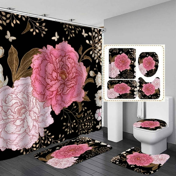 4PCS Floral Shower Curtain Sets with Rugs, Waterproof Fabric Shower Curtain, Spring Peony Daisy Flower Wildflower Blossom Plant Botanical Green Leaves Aesthetic Country Rustic Bathroom Decor